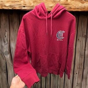 Champion Hoodie Mens Large Maroon Burgundy Plaid Logo Fleece Pullover Sweatshirt